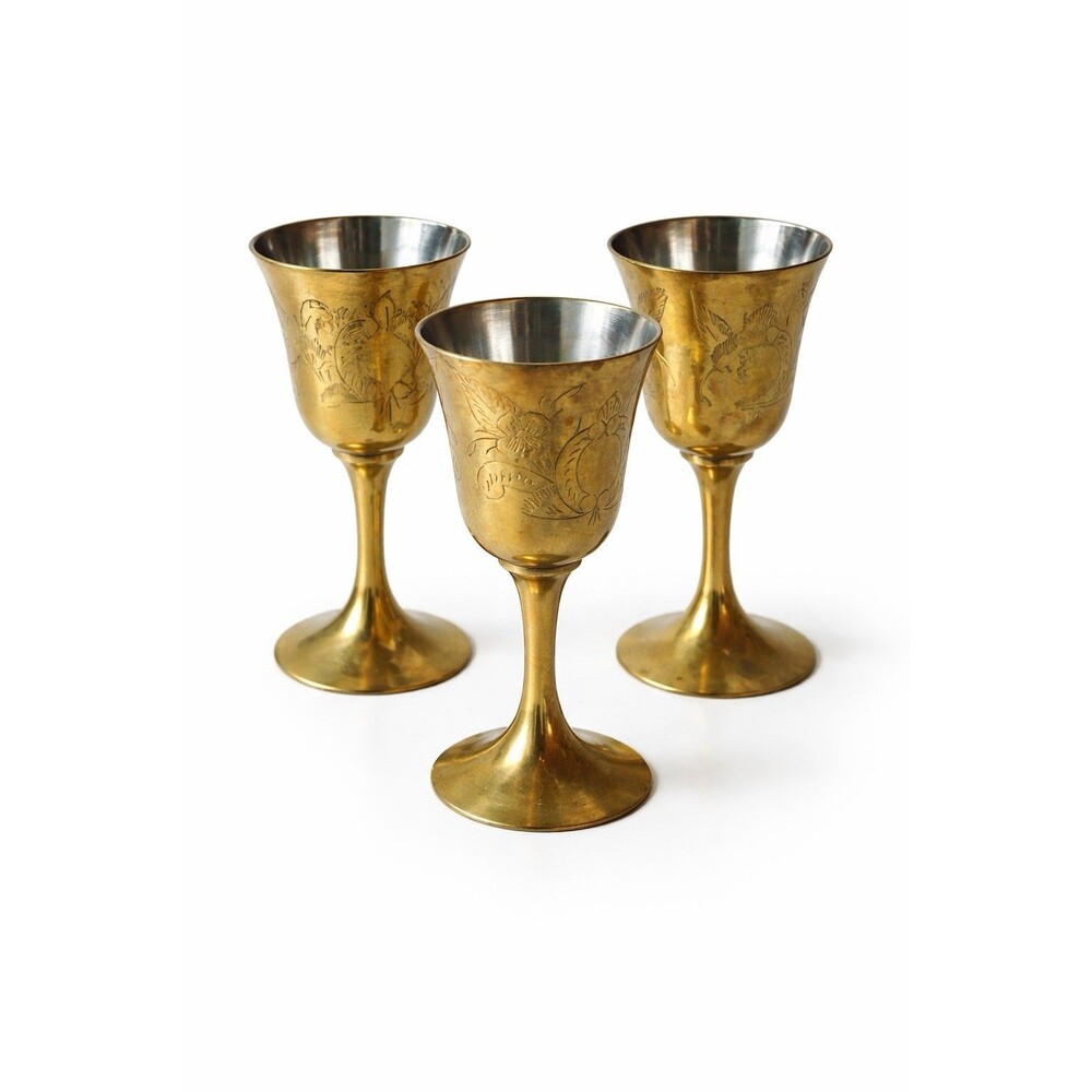 Vintage Brass Goblets Set of 3 Made in India Etched Floral Chalice Cups